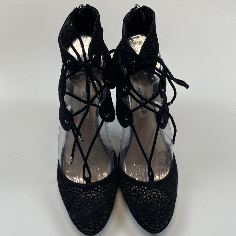 Karl Lagerfeld Paris Black Suede Laser Cut Lace Up Heels Womens Sz 8 - Picture 2 of 10